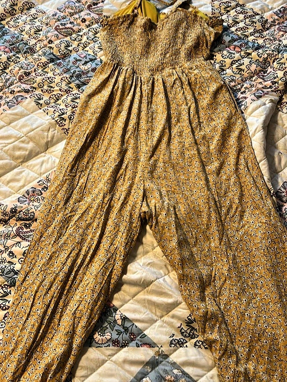 AS U WISH Smocked Bust Palazzo Jumpsuit Yellow & White